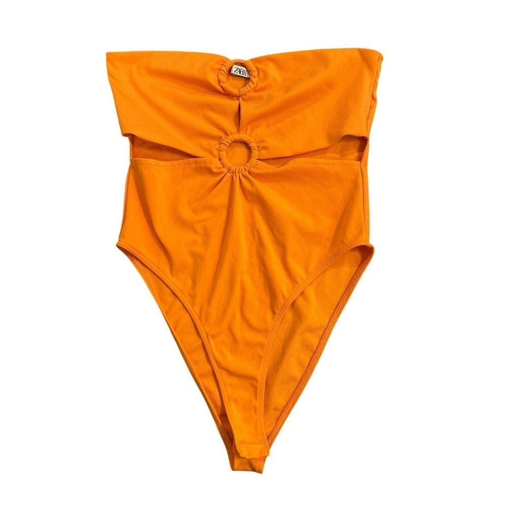 Zara Orange Strapless O-Ring Cut Out Bodysuit Womens Medium Snap Closure